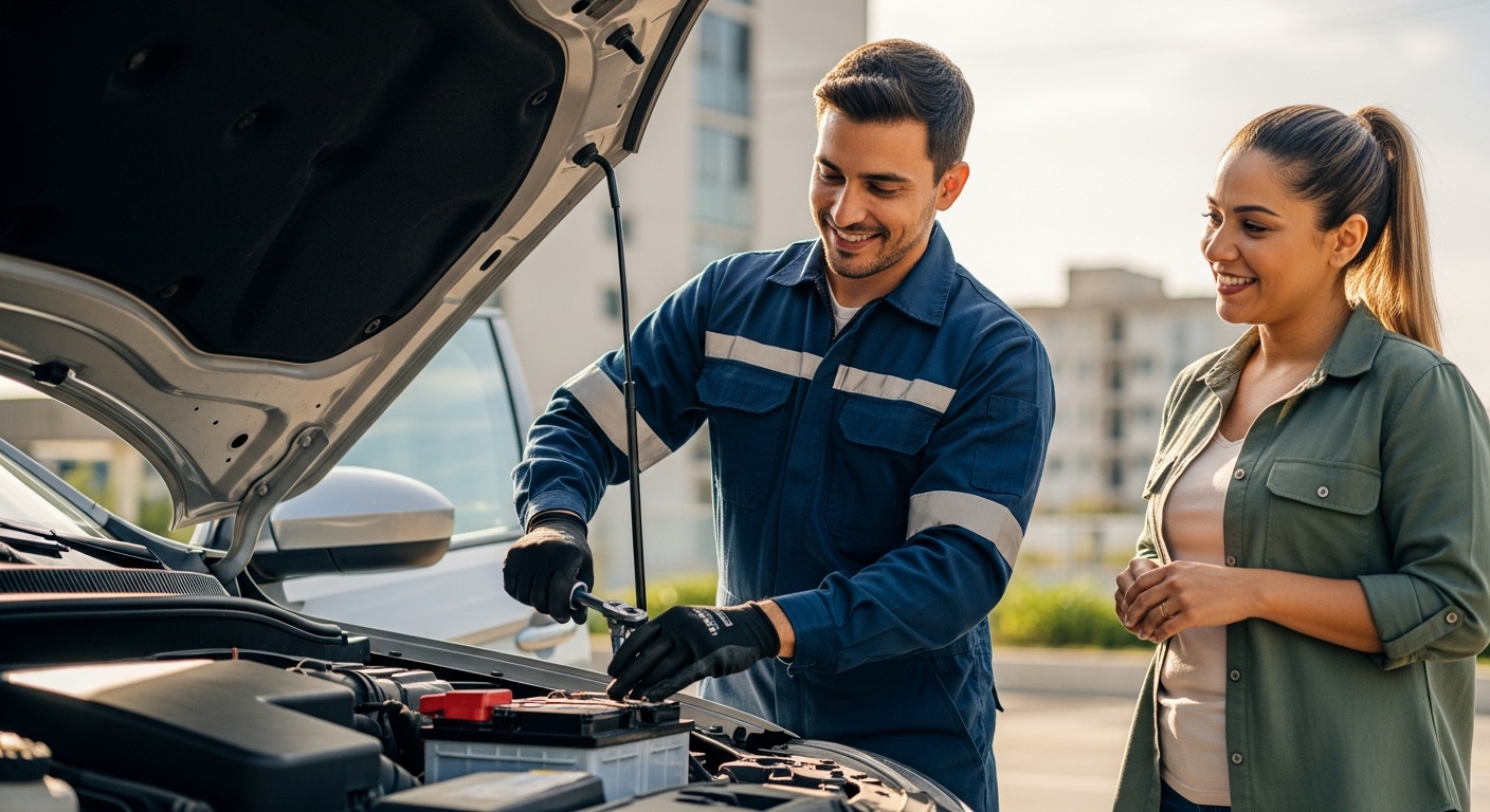 Técnico instalando bateria automotiva